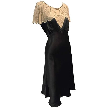 1920s Art Deco Black Silk Satin Gatsby-Style Dress w Beaded Caplet For Sale at 1stDibs | art deco style dress, 1920s satin dress, beaded gatsby dresses