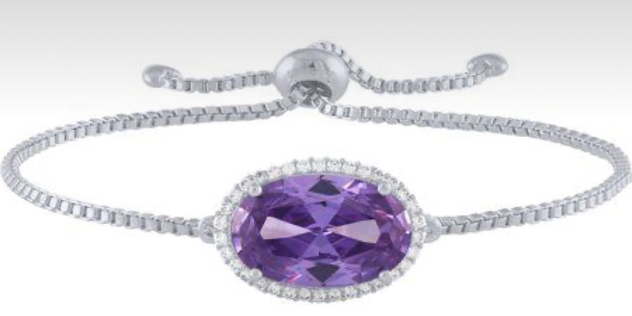 Believe by Brilliance Sterling Silver Plated Simulated Amethyst and CZ Oval Adjustable Bracelet