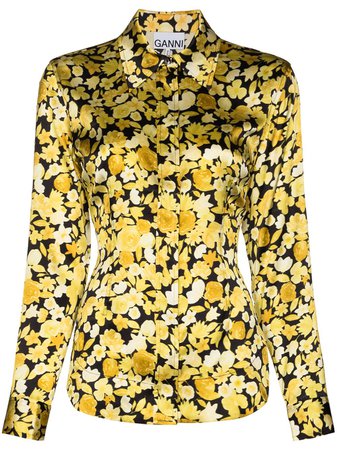 Shop yellow & black GANNI floral-print long-sleeve shirt with Express Delivery - Farfetch