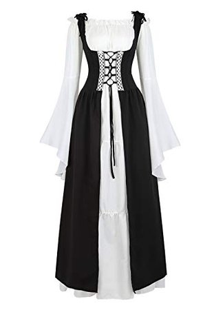 Womens Renaissance Cosplay Costume Medieval Irish Over Dress and Chemise Boho Set Gothic High Waist Gown Dress Black-M | WantItAll