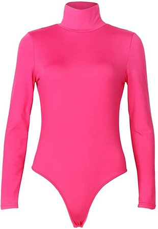 PRIMODA Women Stretchy Turtleneck Long Sleeve Bodysuits Basic Solid Color Bodycon Leotard at Amazon Women’s Clothing store