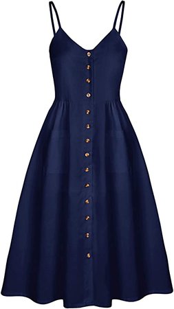 Angashion Women's Dresses-Summer Floral Bohemian Adjustable Spaghetti Strap Button Down Swing Midi Dress with Pockets