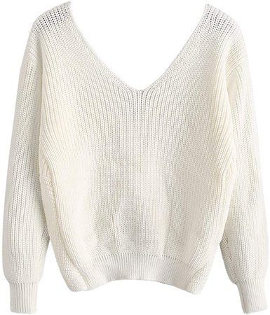 ZAFUL Women's V-Neck Criss Cross Twisted Back Pullover Knitted Sweater Jumper (White, L) at Amazon Women’s Clothing store