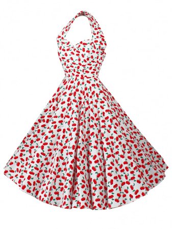 1950s Halterneck Cherry White Dress from Vivien of Holloway