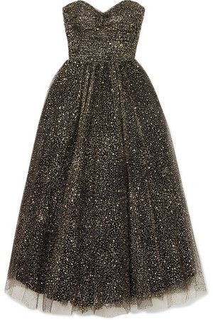 Monique Lhuillier | Brie strapless ruched glittered tulle gown | NET-A-PORTER.COM