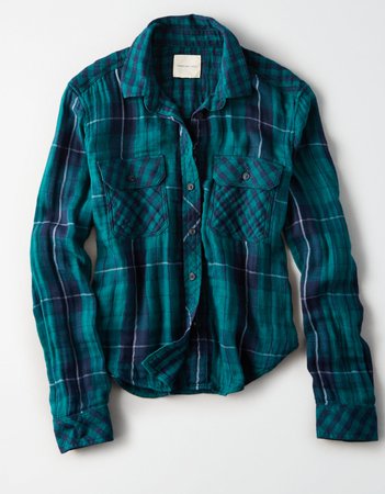 AE Cropped Plaid Popover Blouse, Green | American Eagle Outfitters