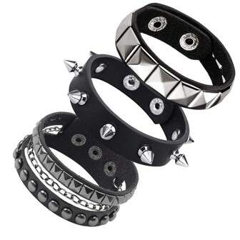 3 Pcs Punk Rock Studded Bracelet Set Spiked Leather Cuff Bracelet For Men Women 80s Wristband Emo Bracelet Adjustable | SHEIN USA