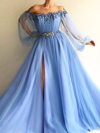 A-Line Off-the-Shoulder Tulle Beading Floor-Length Prom Dresses - Prom Dresses - FabMiss