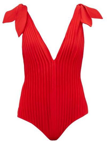 Adriana Degreas X Pleated V Neck Jersey Swimsuit - Womens - Red