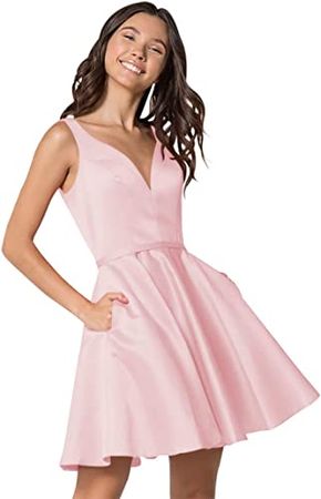 YMSHA Women's Satin Short Homecoming Dresses for Teens A Line V Neck Prom Dress with Pockets YMS191 at Amazon Women’s Clothing store