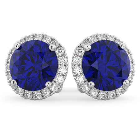 Halo Round Blue Sapphire & Diamond Earrings 14k White Gold 5.17ct - AD4722