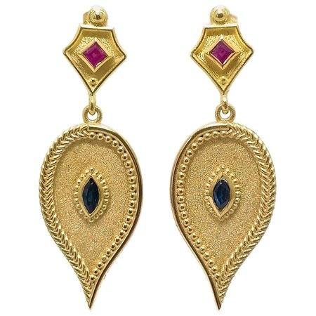 Georgios Collections 18 Karat Yellow Gold Ruby and Sapphire Drop Earrings For Sale at 1stDibs