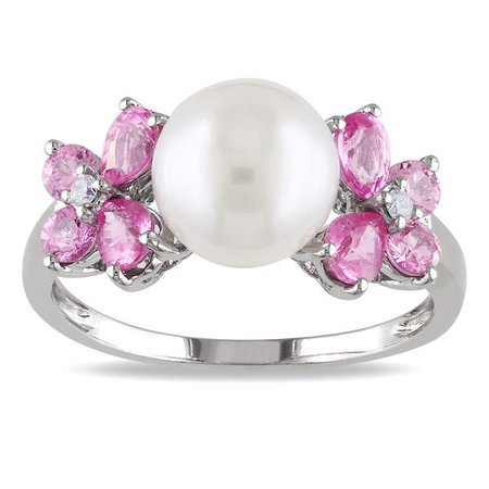 Pink Sapphire, Diamond, & Freshwater Pearl Ring