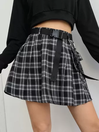 Plaid Flap Pocket Self Tie Skirt | SHEIN USA