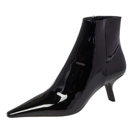Prada Black Patent Leather Slanted Heel Pointed Toe Ankle Boots Size 38 For Sale at 1stDibs