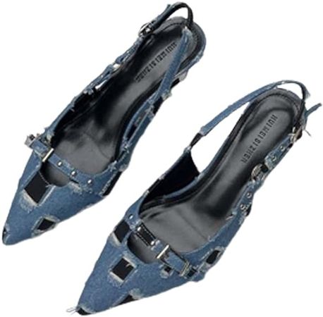 Amazon.com | Women's Pointed Toe Kitten Heel Pumps,Fashion Rivets Adjustable Metallic Buckle Sexy Backless Slingback Slip-on Denim Dress Wedding Party High Heels Shoes | Shoes
