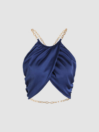 blue top with gold chain