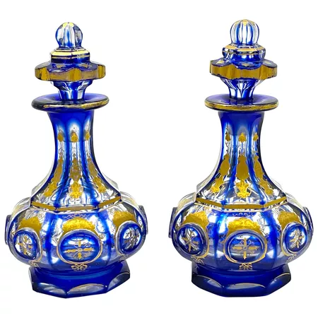 A Pair of Antique Fine Quality Bohemian Cobalt Blue and Clear Overlay : Grand Tour Antiques | Ruby Lane