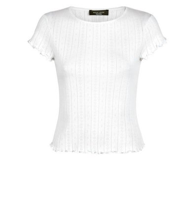 Petite White Pointelle Frill Trim T-Shirt | New Look
