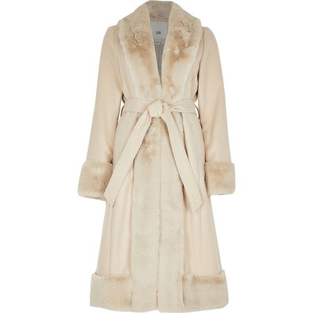 Cream long line faux fur hem robe coat | River Island