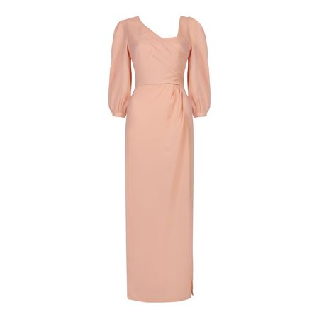 Sandy Draped Fitted Maxi Dress With Sleeves And Front Slit In Pink | Aarabhi London | Wolf & Badger