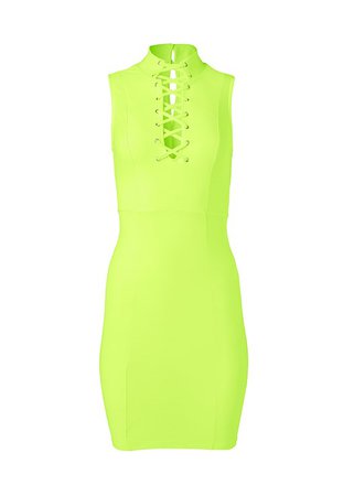 NEON LACE UP BODYCON DRESS in Neon Yellow | VENUS