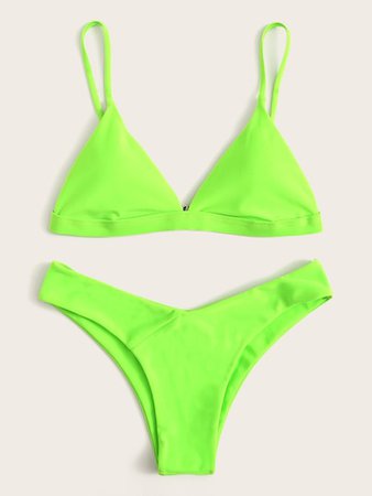 Neon Lime Triangle Top With High Leg Bikini Set | ROMWE