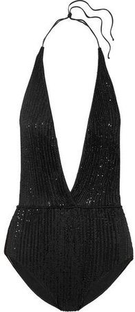 Oséree - Sequined Halterneck Swimsuit - Black