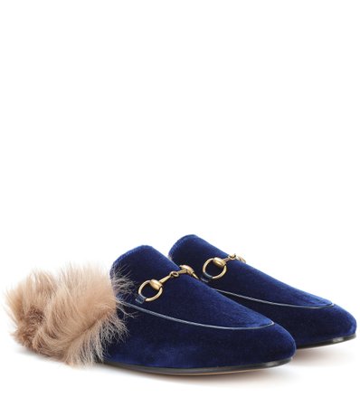 Princetown Fur-Lined Velvet Slippers | Gucci - mytheresa