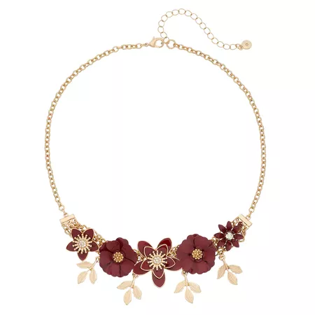 LC Lauren Conrad Gold Tone Red Flower & Leaf Motif Collar Necklace