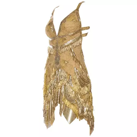 MORPHEW ATELIER Gold Lace and Metal Mesh Fringed Cocktail Dress For Sale at 1stDibs | antique gold dress, gold fringed dress, gold lace dresses
