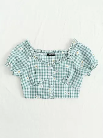 Frill Trim Floral Embroidery Gingham Top | SHEIN USA blue