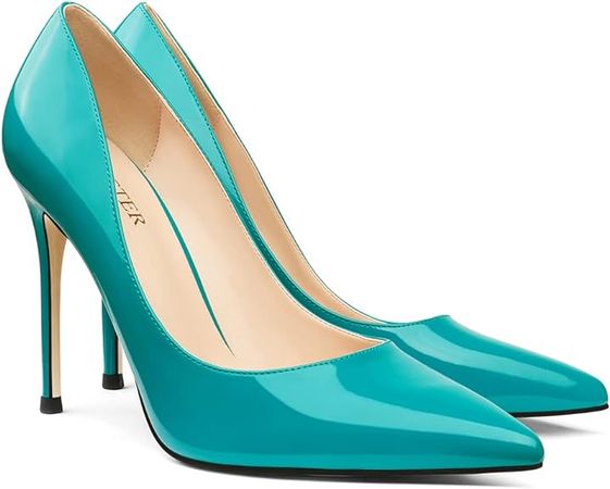 Amazon.com | COLETER Women's 4 Inch Pumps Pointy Toe Wedding Dress Shoes Slip on Stiletto Pumps Patent Teal 6.5US | Pumps