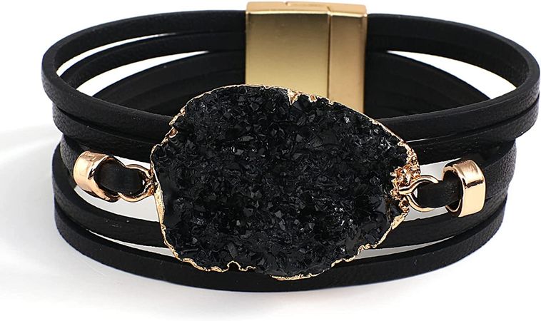 Amazon.com: Black Genuine Leather Wrap Bracelet for Women Boho Layered Cuff Bracelets With Resin Stone Charm Multi Strand Bangle Bracelets Jewelry for Teen Girls Sister and Mother : Clothing, Shoes & Jewelry
