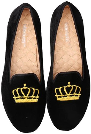Amazon.com | Merlutti Women's Princess Gold Crown Embroidered Black Velvet Loafers Smoking Low Heeled Slipper Flats Shoes (6) | Loafers & Slip-Ons