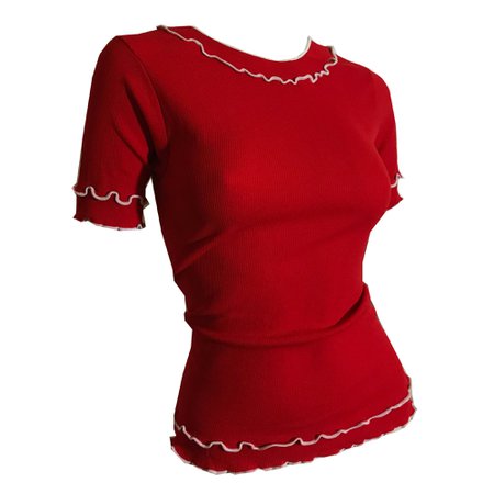Cherry Red Ribbed Knit Top with White Ruffle Detail circa 1970s – Dorothea's Closet Vintage