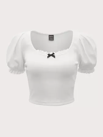 SHEIN Contrast Eyelet Embroidery Puff Sleeve Bow Front Crop Tee | SHEIN USA