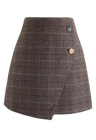 Plaid Button Trim Tweed Flap Skirt in Brown - NEW ARRIVALS - Retro, Indie and Unique Fashion