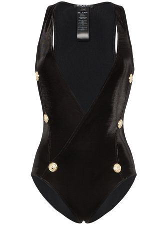 Balmain plunge-neck buttoned swimsuit £540 - Fast Global Shipping, Free Returns