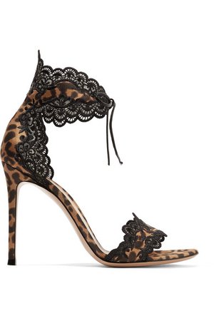 Gianvito Rossi | 105 lace-trimmed leopard-print satin sandals | NET-A-PORTER.COM