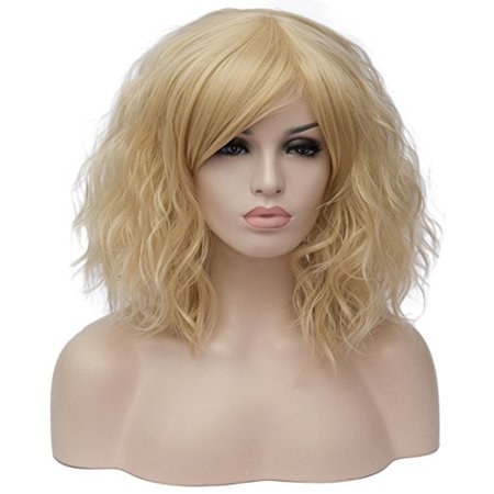 Alacos Fashion 35cm Short Curly Bob Anime Cosplay Wig Daily Party Christmas Halloween Synthetic Heat Resistant Wig for Women +Free Wig Cap (Light Gold Side Parting)