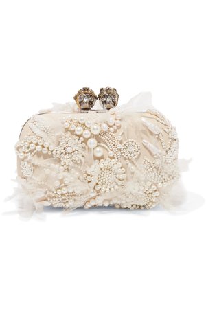 ALEXANDER MCQUEEN, Queen & King faux pearl-embellished tulle and leather clutch