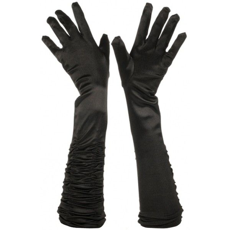 Slinky Inky Black Satin Ruched Opera Gloves