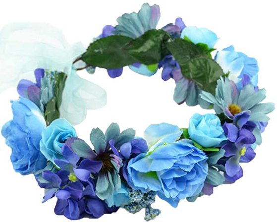 Rose Flower Crown Boho Flower Headband Hair Wreath Floral Headpiece Halo with Ribbon Wedding Party Festival Photos Blue by Vivivalue at Amazon Women’s Clothing store