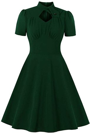Wellwits Women's Mock Neck Diamond Cutout Pleated Front 1940s Vintage Dress M Dark Green at Amazon Women’s Clothing store