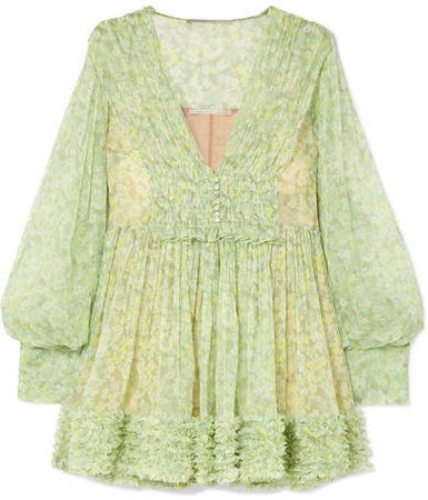 Ruffled Floral-print Silk-crepon Mini Dress - Green