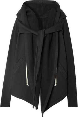 Tie-front Asymmetric Cotton-jersey Hooded Top - Black