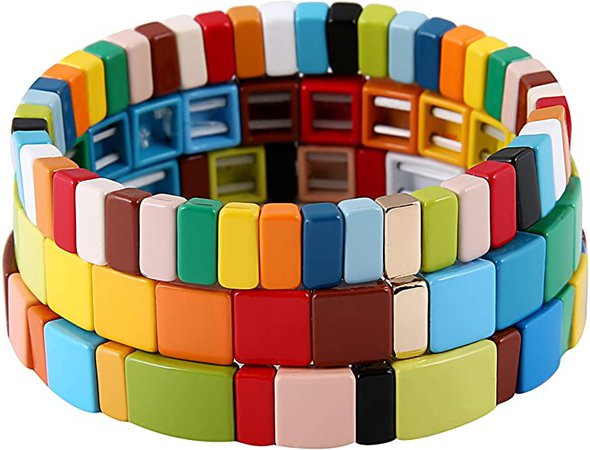 Amazon.com: Coolcos Tile Bracelets Stackable Enamel Stretch Tile Bracelet Rainbow Colorblock Beads Bracelets Bohemian Strand Bracelets for Lady Women & Men Girls (A Colorblock Stripe): Jewelry