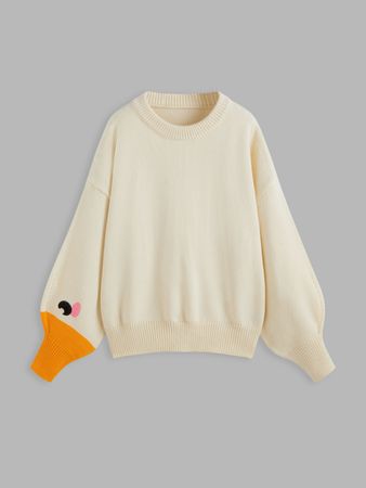 Round Neck Goose Pattern Sleeve Knitted Top Curve & Plus - Cider