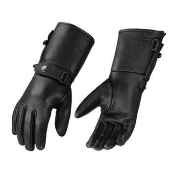 Mens black leather gauntlet biker gloves